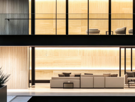 Soft lighting illuminates a contemporary outdoor lounge area featuring elegant furniture and minimalist decor. The setting exudes a calm ambiance perfect for relaxation after sunset.の素材