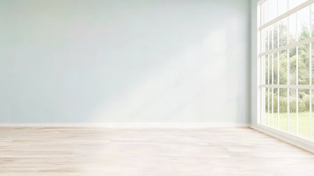 Sunlight streams into a spacious room featuring light wooden floors and pale blue walls. Large windows allow views of a lush garden outside. The atmosphere is airy and inviting.の素材