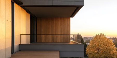 A sleek balcony features wooden panels and a glass railing bathed in golden sunlight as the sun sets. A vibrant autumn tree adds warmth to the contemporary architecture.の素材