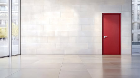 A bright red door offers a striking contrast against a light-colored wall in a spacious minimalist space. Sunlight pours in through large windows lighting the room's clean lines and open floor.の素材