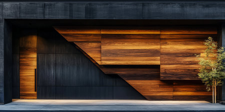 A striking wooden facade featuring geometric patterns and contrasting textures stands out in an urban setting. The design combines dark materials with warm wood accents under bright daylight.の素材