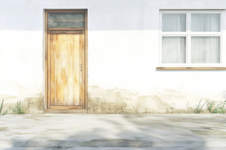 A weathered wooden door stands prominently next to a sunny window on a light-colored wall. The scene captures a peaceful moment in an outdoor setting showcasing texture and tranquility.の素材