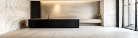 A sleek kitchen showcases minimalist design with a black island counter and light wood flooring. Large windows let in natural light enhancing the open and airy ambiance of the space.の素材