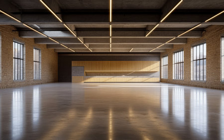 A large and minimalist urban loft is illuminated by natural light streaming through tall windows. The industrial-style space features brick walls and polished floors offering an inviting ambiance.の素材