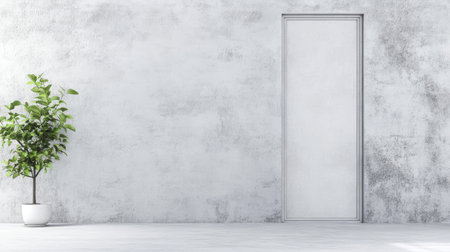 A minimalist indoor area showcases a smooth gray wall a simple door and a small green plant in a white pot. The spacious layout emphasizes simplicity and tranquility.の素材