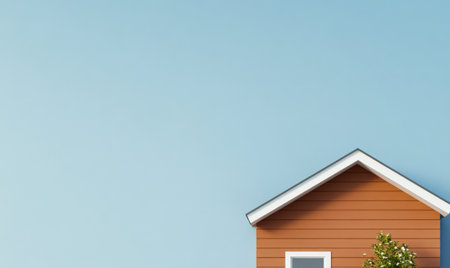 A brown wooden house stands tall against a bright blue sky reflecting midday light. A green tree grows beside the home creating a peaceful sunny atmosphere.の素材