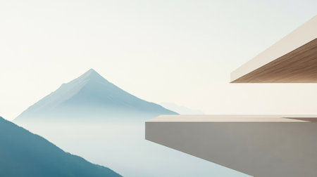 A sleek balcony overlooks a serene mountain range shrouded in mist. Soft morning light bathes the scene highlighting the contrast between the structure and the natural surroundings.の素材
