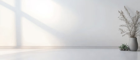 A serene room features a light wall and floor with gentle sunlight casting shadows. In one corner a simple vase holds dried flowers enhancing the tranquil atmosphere.の素材