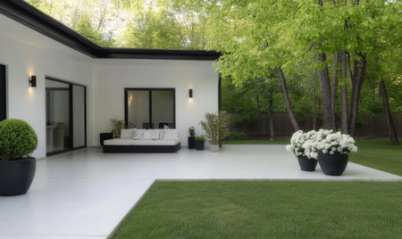 This outdoor space showcases a contemporary living area adorned with a plush sofa potted plants and a well-maintained lawn. Natural light floods the area enhancing its tranquility.の素材