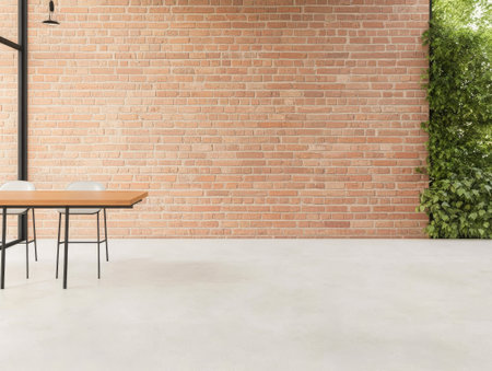 A contemporary space showcases a warm brick wall with greenery complemented by a sleek wooden table and stylish chairs. Natural light floods the area creating an inviting atmosphere.の素材