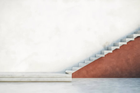 A contemporary staircase ascends against a stark white wall featuring a vibrant red wall section. The clean lines and simplicity highlight the elegance of the modern architectural style.の素材