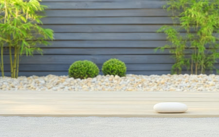 A quiet Zen garden showcases carefully placed smooth stones and greenery. The wooden deck creates a serene atmosphere complemented by two shrubs and pebbles promoting relaxation and mindfulness.の素材