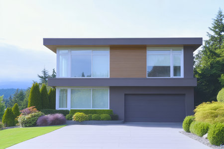 Contemporary home features large windows and a minimalist design set against a tranquil backdrop of lush trees and vibrant shrubs.の素材