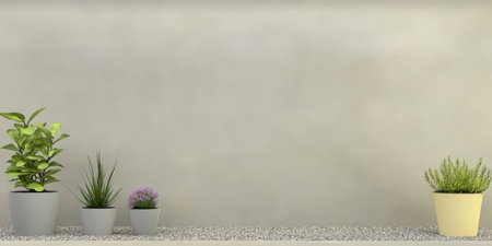 Four decorative planters containing different types of plants are arranged on a light-colored shelf. The background features a smooth neutral wall enhancing the serenity of the display.の素材