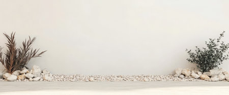A serene indoor area features two types of plants flanking a line of white stones against a light wall. The scene is simple yet impactful showcasing modern design.の素材