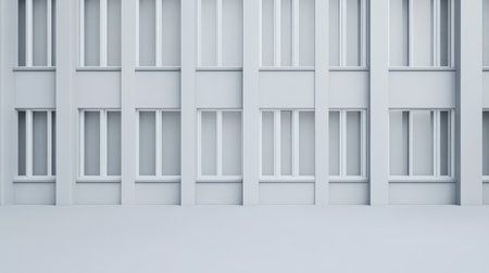 Grey walls with a series of evenly spaced windows create a minimalist urban architectural design. The clean lines and simple structure emphasize modern aesthetics and functionality.の素材
