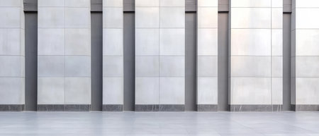 A minimalist architectural structure showcases a series of smooth gray wall panels with vertical lines. The clean polished surface reflects light in an urban environment emphasizing simplicity.の素材