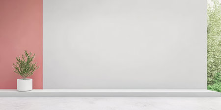 A minimalist interior features a large white wall beside a soft pink wall. A potted plant sits on a sleek white ledge illuminated by natural light from outside.の素材