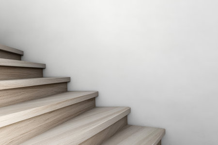 This wooden staircase features smooth light-colored steps and leads to an airy minimalistic area with a plain white wall creating a serene atmosphere in the background.の素材