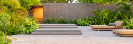 A tranquil garden area features stone steps leading to a spacious patio. Lush greenery surrounds comfortable lounge chairs inviting relaxation under warm sunlight.の素材