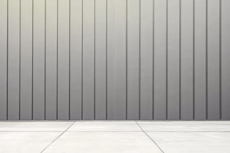 A minimalistic indoor space features a smooth grey wall with vertical panels and a clean concrete floor. The lighting is soft creating a calm atmosphere suitable for various activities.の素材