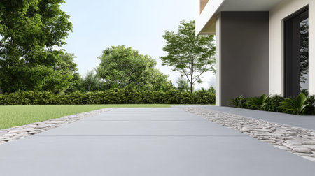 A modern concrete walkway stretches towards a vibrant green garden flanked by stones. Lush trees and plants surround the area enhancing the tranquil atmosphere under clear skies.の素材