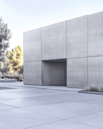 A sleek concrete building stands in a tranquil landscape surrounded by sparse greenery and a clear sky. The smooth surfaces and geometric shapes evoke a sense of calm and simplicity.の素材