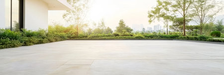 A tranquil outdoor area with a polished concrete surface surrounded by lush greenery and trees illuminated by soft morning sunlight. The distant skyline hints at an urban setting.の素材