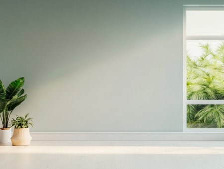 A spacious room featuring a large window that lets in natural light with lush greenery visible outside. Two potted plants add a touch of life to the neutral decor creating a serene atmosphere.の素材