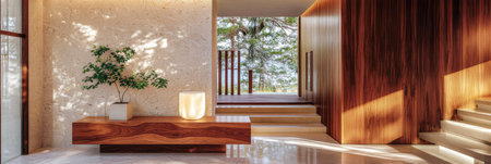 A stylish interior blends natural wood elements with soft lighting. A minimalist planter adds greenery beside a subtle glow. The open area features large windows inviting in soft sunlight.の素材