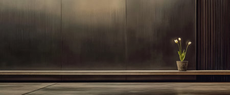 A modern interior showcases a minimalist design with a dark wall and sleek flooring. A simple pot with white tulips adds a touch of elegance to the understated space.の素材