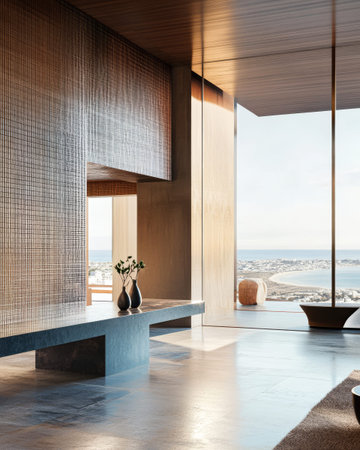 Floor-to-ceiling windows showcase a stunning ocean view in a contemporary living space. Elegant decor complements the serene atmosphere perfect for relaxation or entertaining guests.の素材