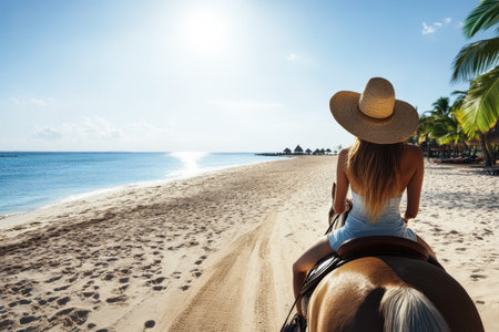 A rider enjoys a leisurely horseback ride on a sandy beach with palm trees lining the shore and the sun setting over the ocean creating a tranquil atmosphere.の素材