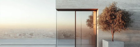 Sliding glass doors open onto a modern terrace featuring minimalistic design. A small tree in a planter contrasts with the sleek concrete offering a peaceful urban oasis during sunset.の素材