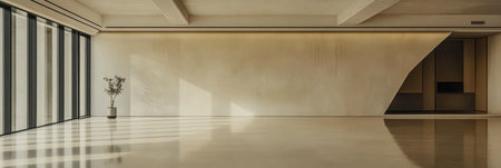 A spacious minimalist room with large windows allowing sunlight to fill the area. A single plant adds a touch of nature to the modern aesthetic enhancing tranquility and harmony.の素材
