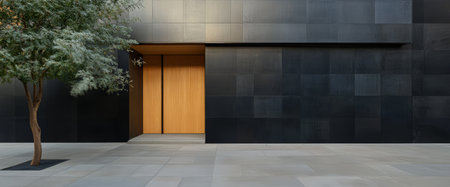 A striking building displays a smooth black exterior with a minimalist wooden door. A small tree adds a touch of nature contrasting the urban environment. Clean lines create a modern aesthetic.の素材