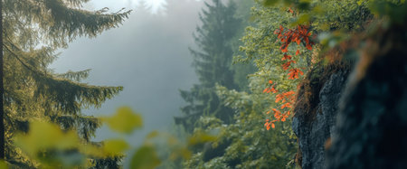 A tranquil canyon in a misty forest showcases lush green trees and hints of autumn colors. Soft light filters through the fog creating an enchanting and peaceful setting.の素材