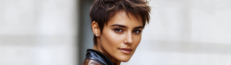 A young woman with stylish short hair stands in an urban environment wearing a leather jacket. The setting showcases neutral tones enhancing her confident expression and modern style.の素材