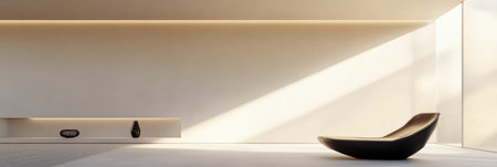 A spacious modern interior showcases a minimalist design with a curvy black chair placed on a light floor illuminated by soft natural light streaming through a large window.の素材