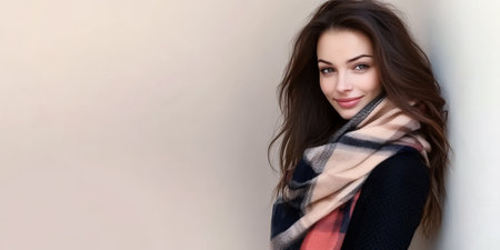 A young woman with long wavy hair stands in a black sweater and a colorful plaid scarf. She smiles gently while leaning against a neutral wall radiating warmth and confidence.の素材