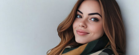 A young woman with flowing hair poses playfully showing a gentle smile while leaning against a wall. She wears a colorful scarf adding vibrancy to the serene setting.の素材
