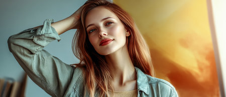 A woman with long hair stands indoors her hand resting on her head. Soft natural light highlights her face and the warm tones of the room create a cozy atmosphere.の素材