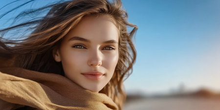 A young woman stands outdoors surrounded by clear skies and gentle breezes.の素材