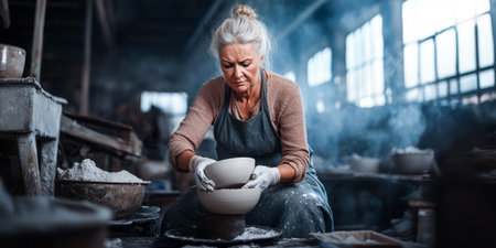 A skilled artisan creates handcrafted clay bowls in a pottery studio. She carefully molds the wet clay using her hands while surrounded by tools and raw materials creating a serene atmosphere.の素材