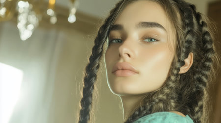 A young woman with long braided hair gazes thoughtfully into the distance while standing indoors illuminated by soft natural light. Her expression captures a moment of calm reflection.の素材