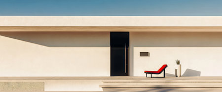 A sleek minimalist house exterior features a black door a red chair and a potted plant. Sunlight casts shadows enhancing the modern design and tranquil atmosphere of the setting.の素材