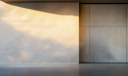 A concrete wall features a unique texture with diagonal lines. The warm light of sunset casts shadows creating a serene atmosphere in the interior space.の素材