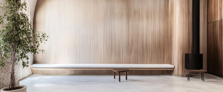 Natural light floods a minimalist indoor space featuring wooden walls and a simple bench. A small plant adds a touch of greenery promoting a peaceful atmosphere.の素材