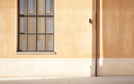 A warm yellow wall features a large window with black frames. Sunlight casts a soft shadow on the smooth sidewalk enhancing the clean and minimalistic design of the building in the afternoon.の素材