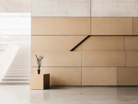 A spacious common area features a textured wall with horizontal panels a simple wooden box table and a small potted plant. The light colors create an airy atmosphere.の素材